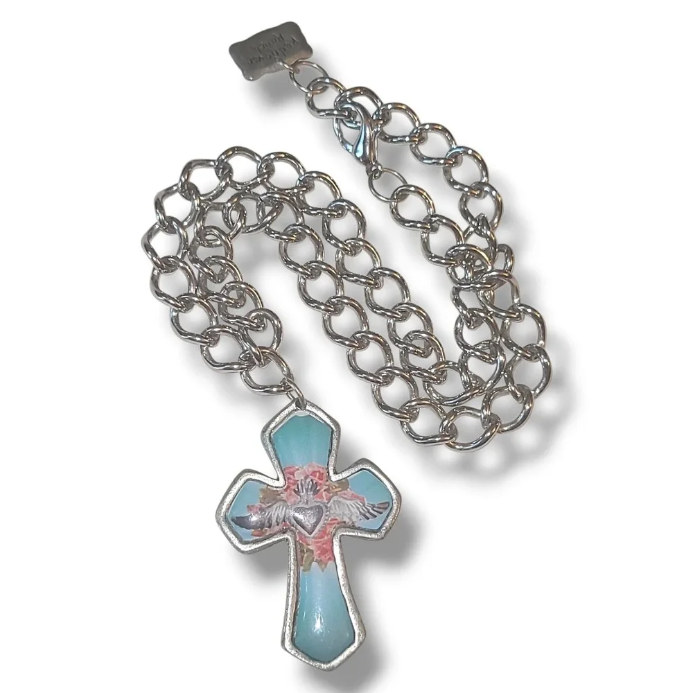 Red House Ranch Silver Tone Angel Wing Cross Pendant‎ Curb Link Chain Necklace